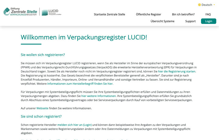 Startseite des Verpackungsregisters LUCID