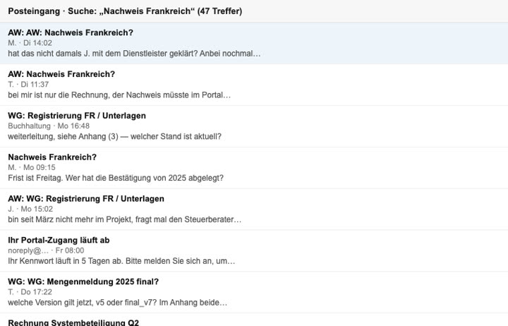 Postfach-Suche nach einem Nachweis, vier Mail-Threads (nachgestellt)