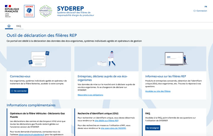 Startseite des französischen REP-Portals SYDEREP (ADEME)
